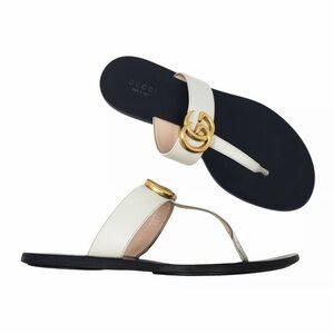 Gucci Women's Black and White/beige Sandals with Gold Accent